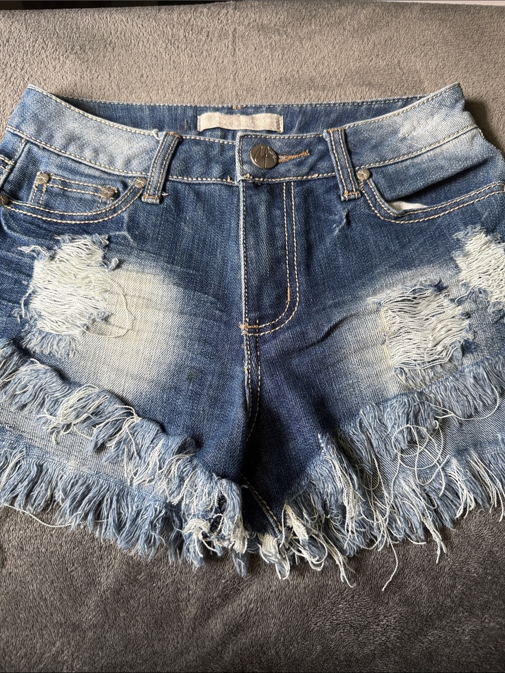 Almost Famous Distressed Fringe Hem Denim Shorts - Blue